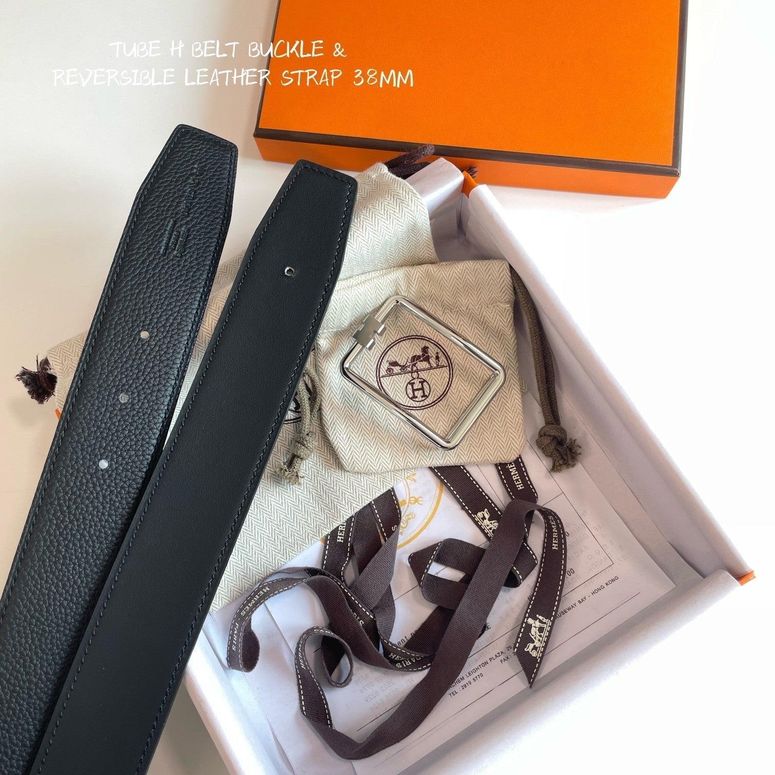 HERMES TUBE H BELT GOLD BUCKLE & REVERSIBLE BLACK LEATHER STRAP 38MM