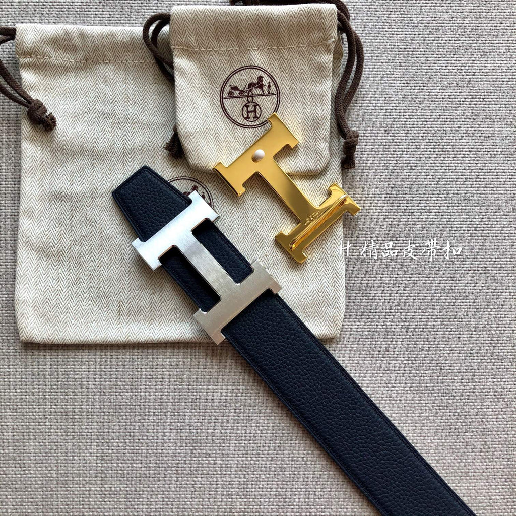 HERMES BELT BUCKLE & REVERSIBLE BLACK LEATHER STRAP 38MM GOLD HARDWARE