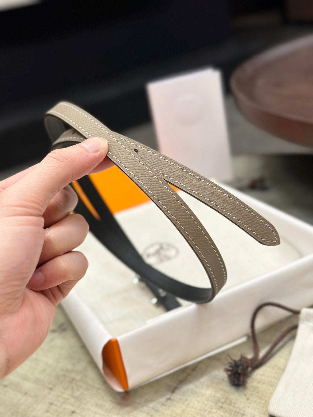 HERMES FOCUS BUCKLE & REVERSIBLE KHAKI BROWN AND BLACK LEATHER STRAP 13MM SILVER HARDWARE