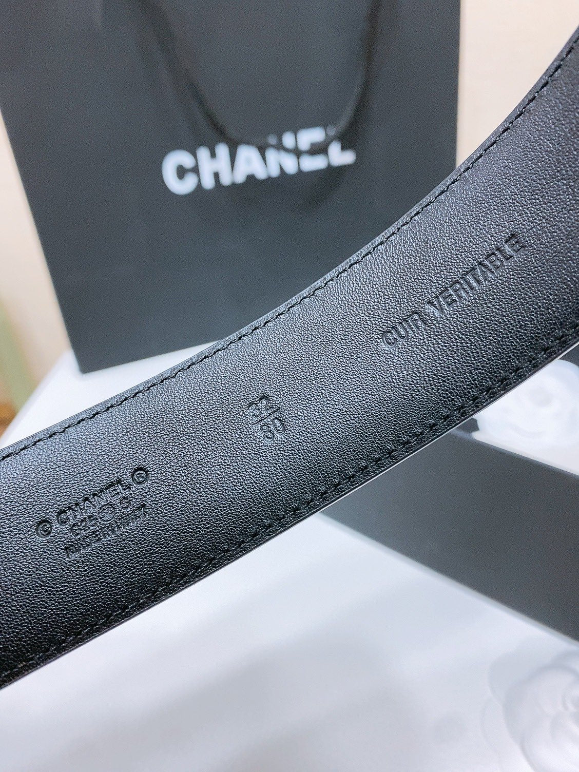 CHANEL DOUBLE C BELT 38MM IN BLACK QUILTED LAMBSKIN GOLD OVAL BUCKLE CENTERED WHITE LOGO