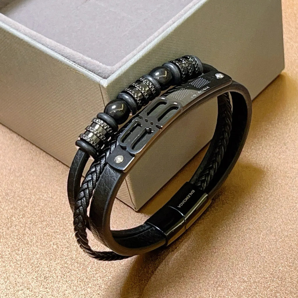 Balenciaga Premium Leather Bracelet - Black - Hình 3