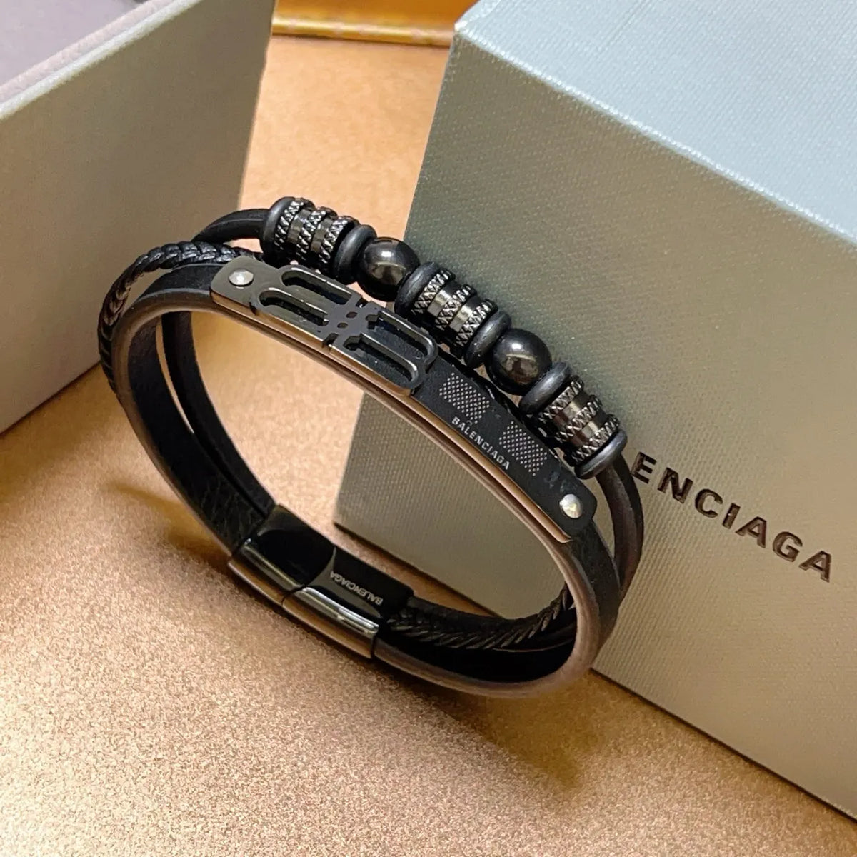 Balenciaga Premium Leather Bracelet - Black - Hình 4