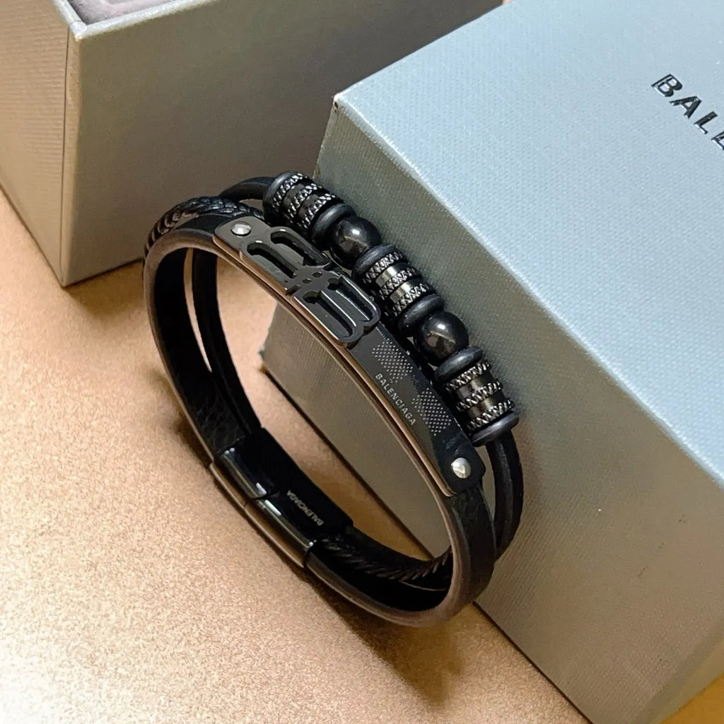 Balenciaga Premium Leather Bracelet - Black - Hình 6