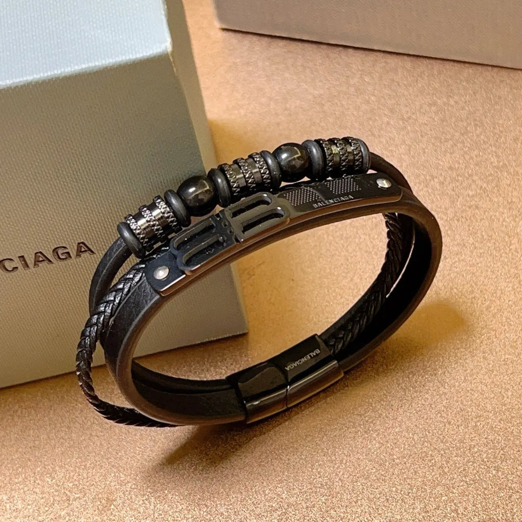 Balenciaga Premium Leather Bracelet - Black - Hình 7