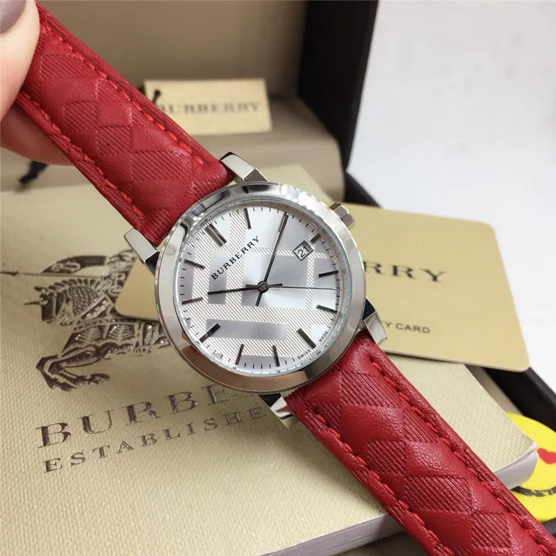 Burberry Silver Dial Red Leather