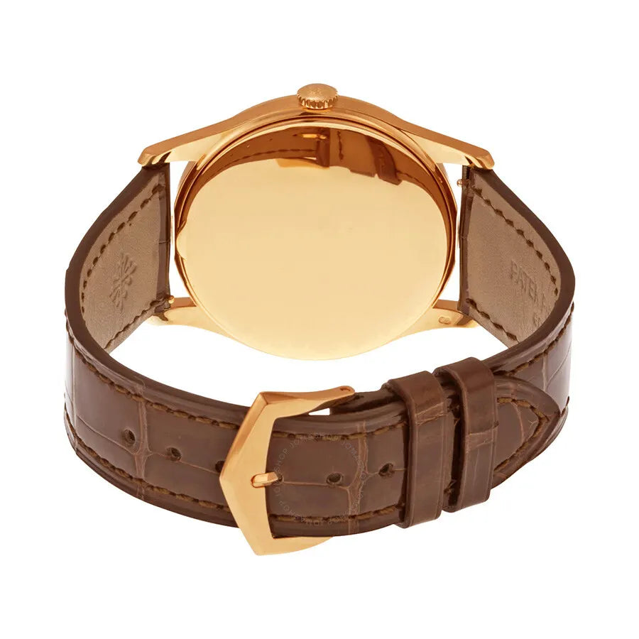 Patek Philippe Gold Case Silver Dial Brown Leather Watch