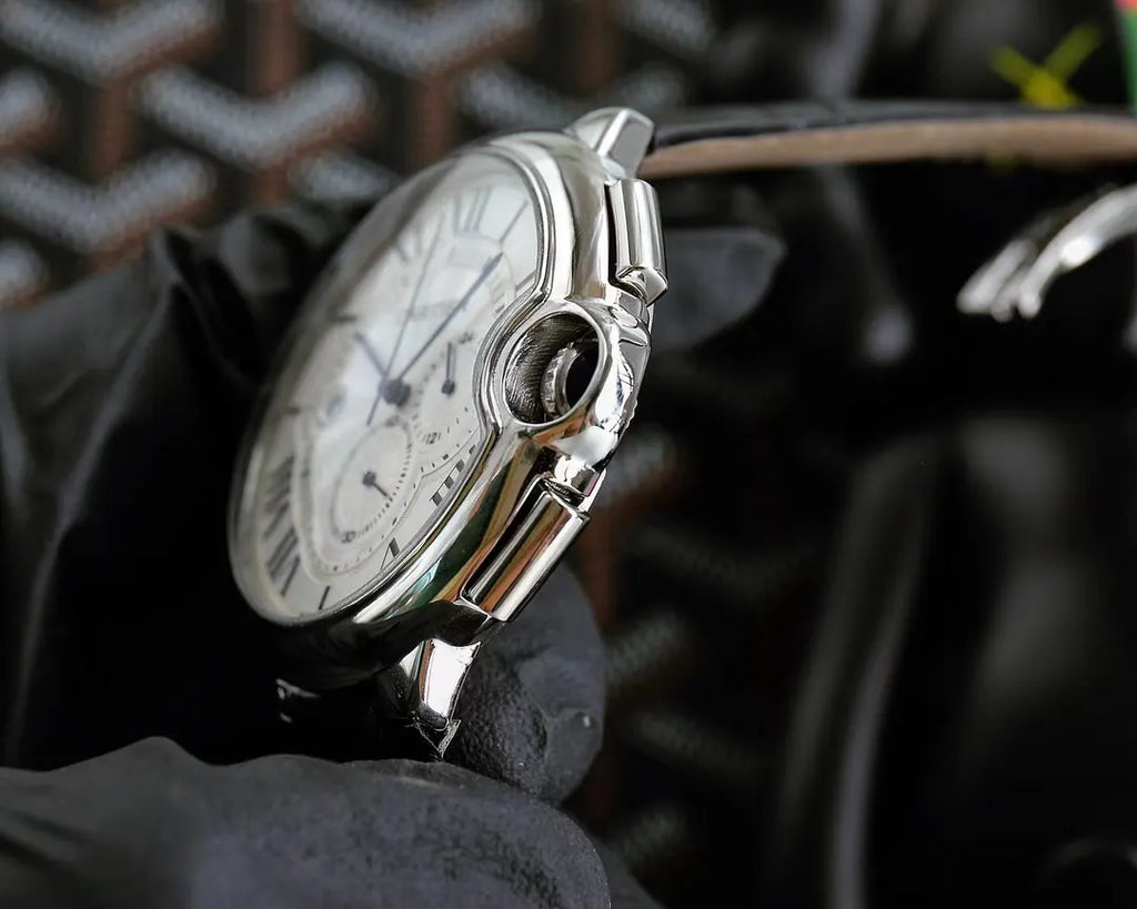 Cartier Ballon Bleu Silver Dial Black Leather Watch - Hình 3