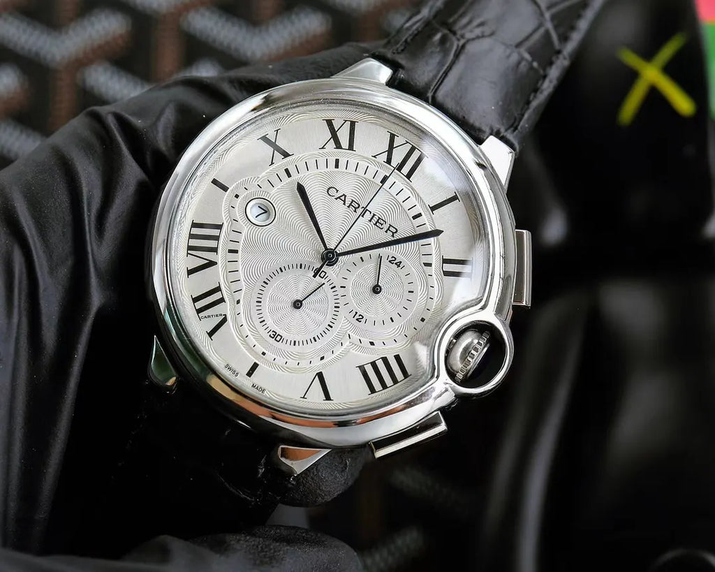 Cartier Ballon Bleu Silver Dial Black Leather Watch - Hình 2