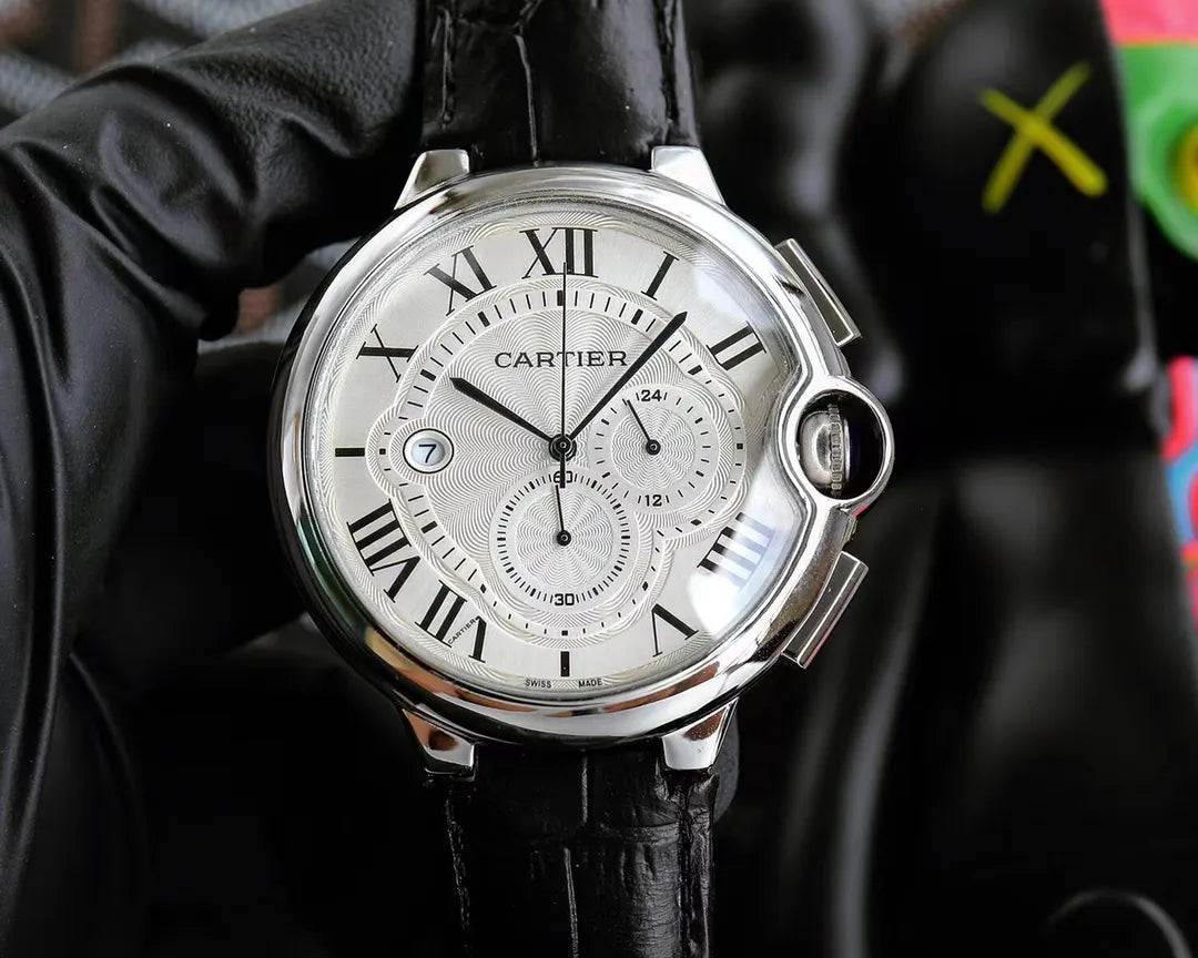 Cartier Ballon Bleu Silver Dial Black Leather Watch