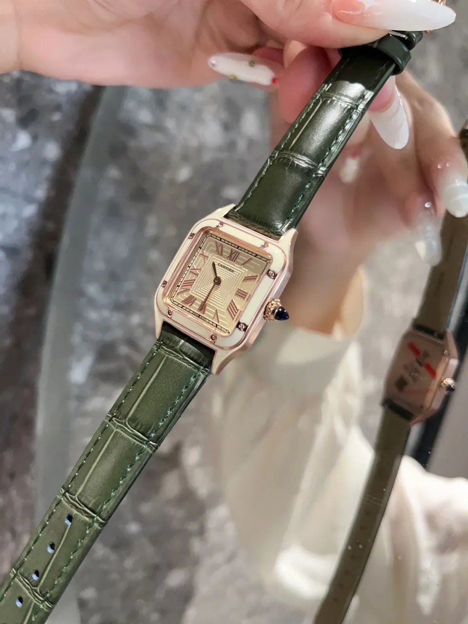 Cartier Olive Green Leather Watch - Hình 5