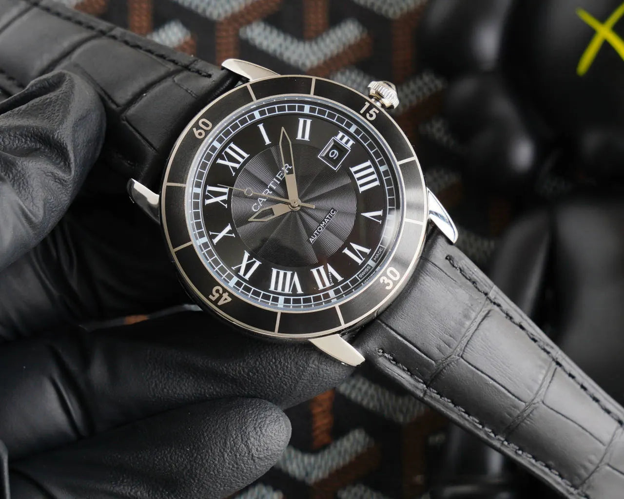 Cartier Black Dial Leather Watch - Hình 2