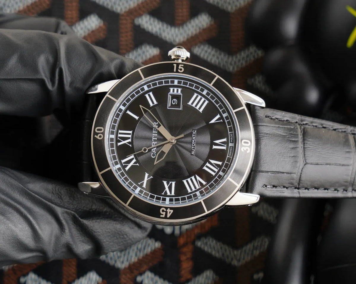 Cartier Black Dial Leather Watch - Hình 3