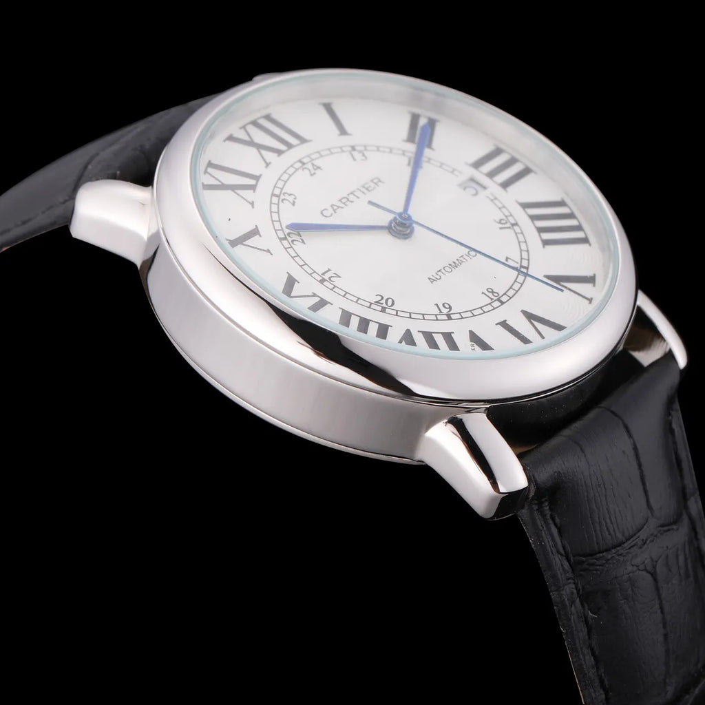 Cartier Silver Case Black Leather