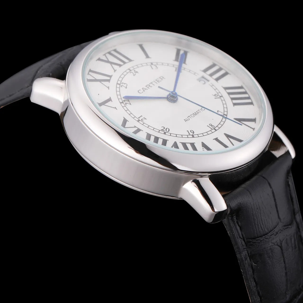 Cartier Silver Case Black Leather
