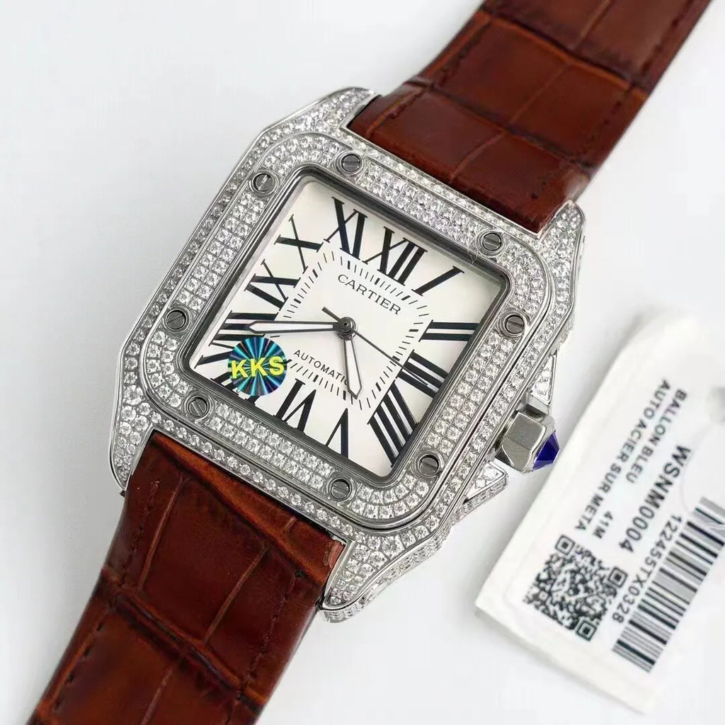 brown Cartier Santos Diamond Bezel - Hình 4
