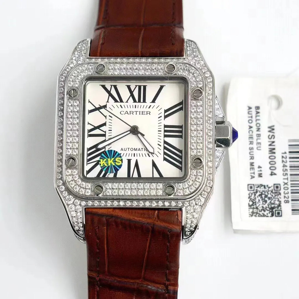 brown Cartier Santos Diamond Bezel - Hình 3