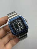 steel Cartier Santos Blue Bezel