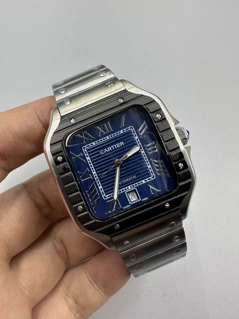 steel Cartier Santos Blue Bezel - Hình 5