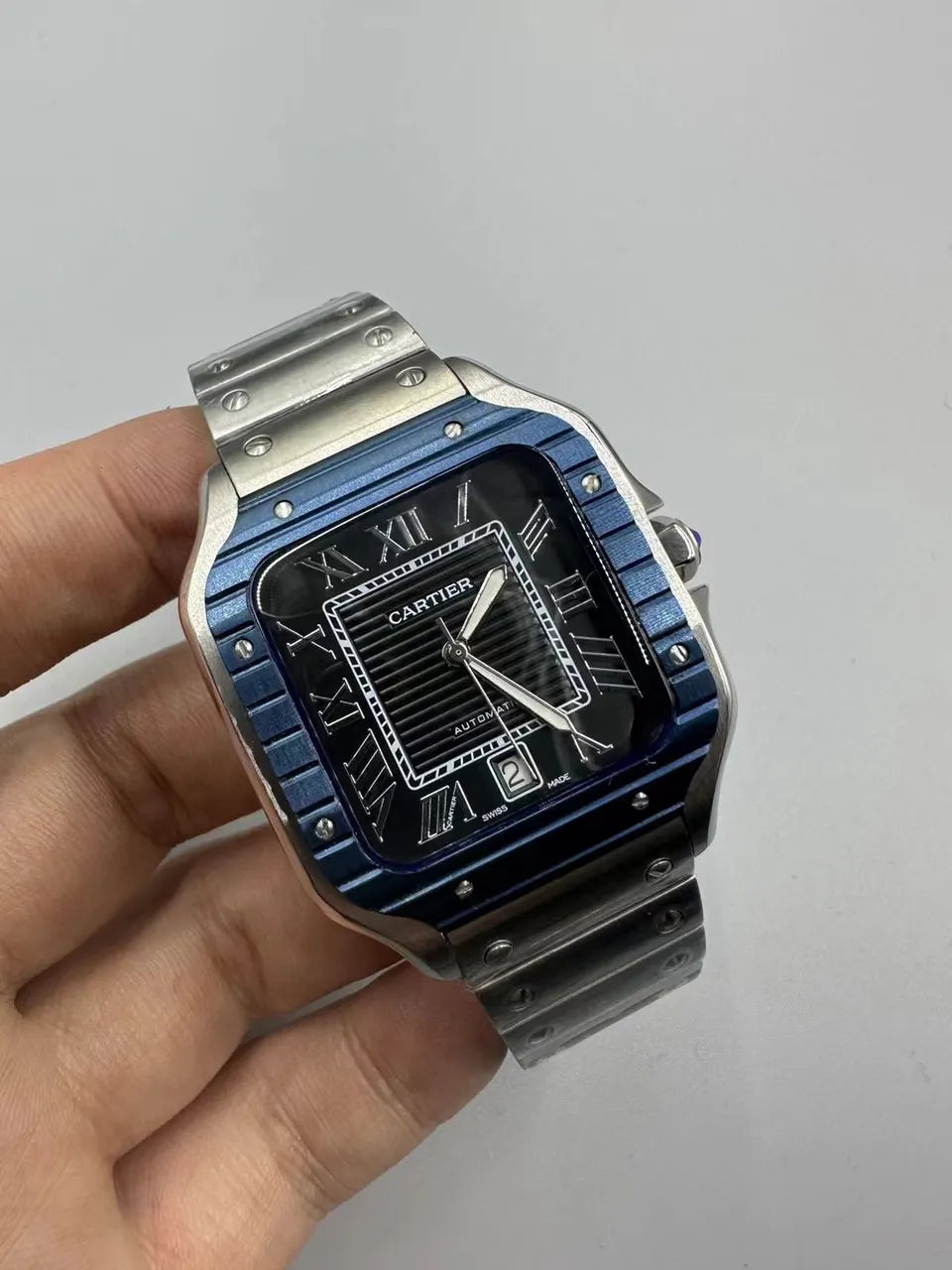 steel Cartier Santos Blue Bezel - Hình 2