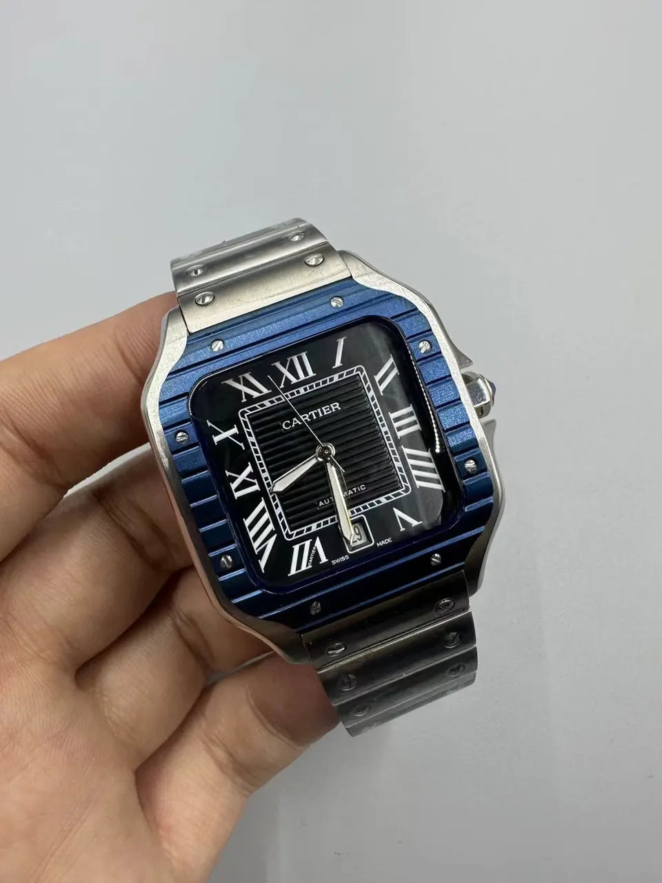 steel Cartier Santos Blue Bezel - Hình 3