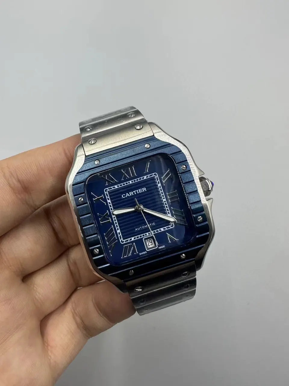 steel Cartier Santos Blue Bezel - Hình 4