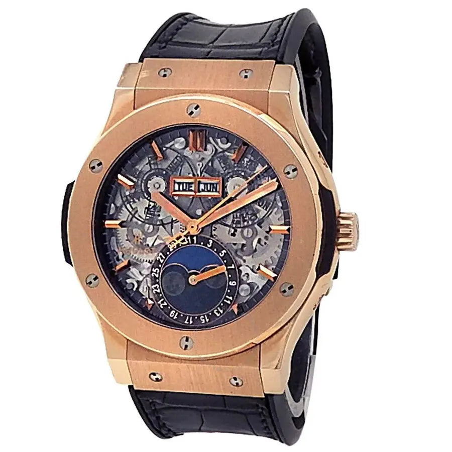 black leather Hublot Rose Gold Skeleton