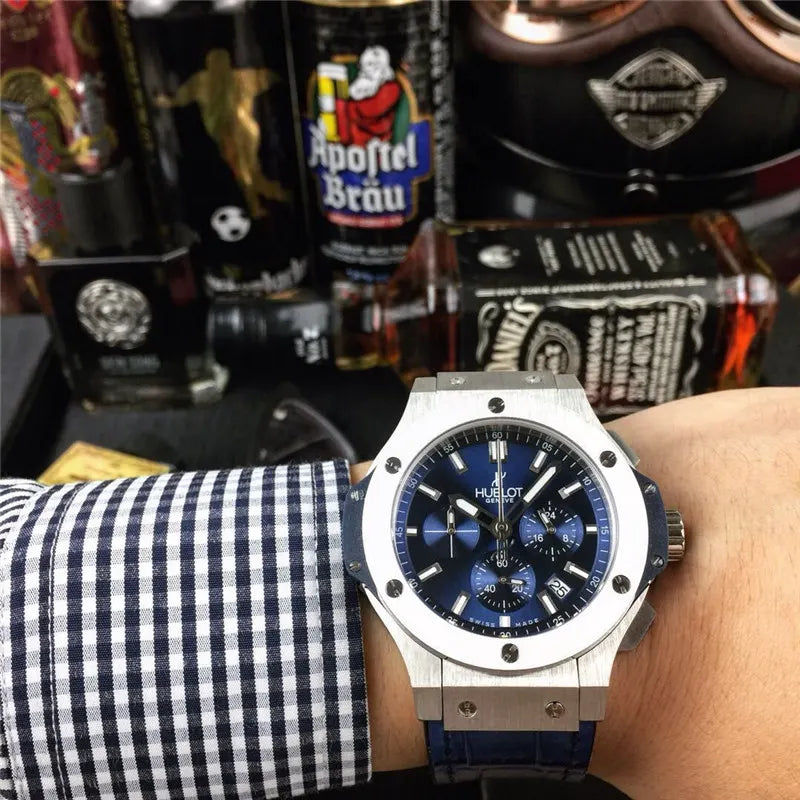 leather Hublot Blue Chronograph Steel