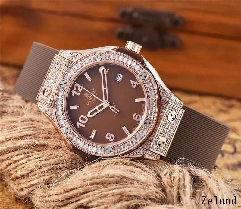rubber Hublot Brown Dial Diamond Bezel
