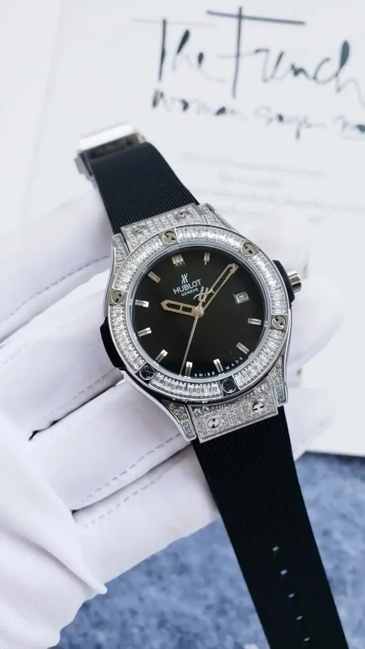 black Hublot Diamond Bezel Rubber Strap