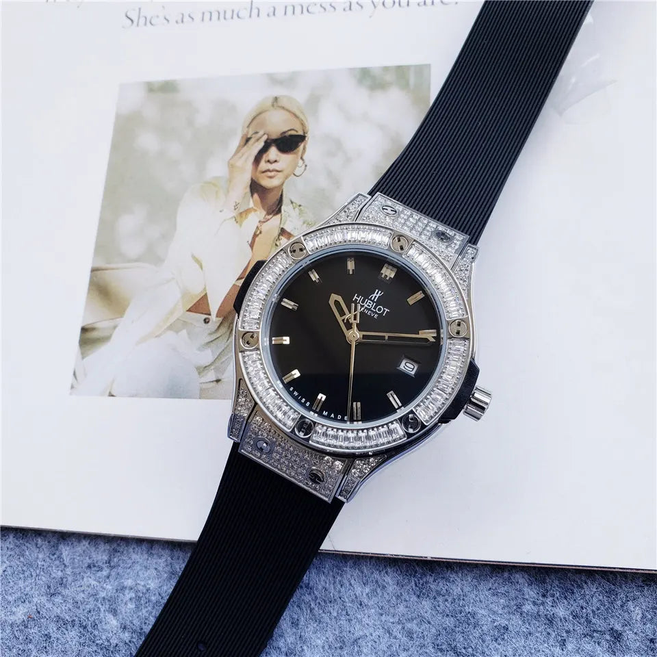 black Hublot Diamond Bezel Rubber Strap - Hình 3