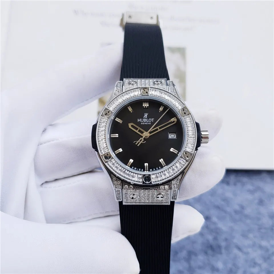 black Hublot Diamond Bezel Rubber Strap - Hình 7