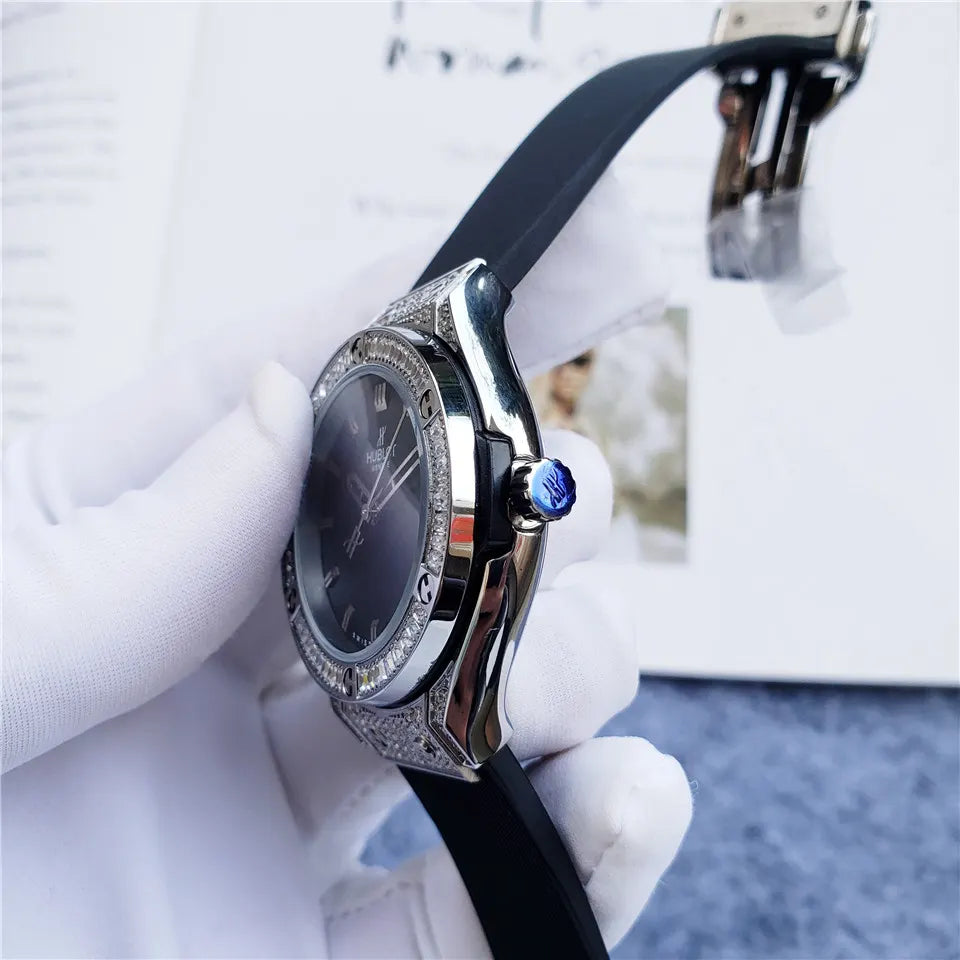 black Hublot Diamond Bezel Rubber Strap - Hình 6