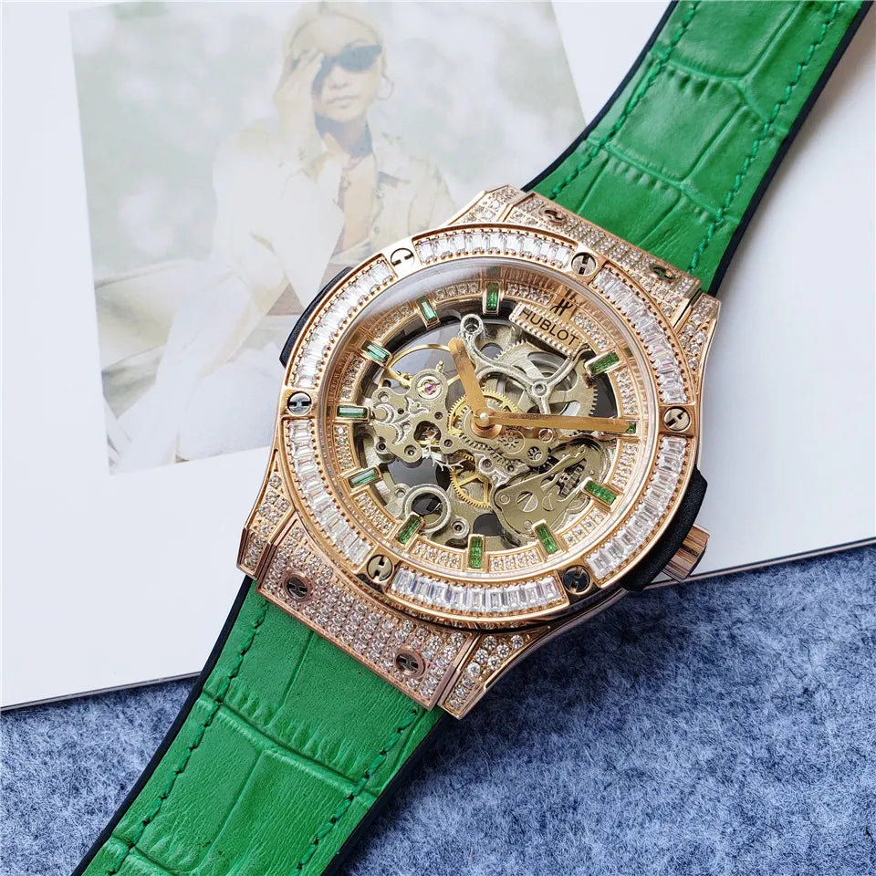 Hublot Green Strap Diamond Watch - Hình 2