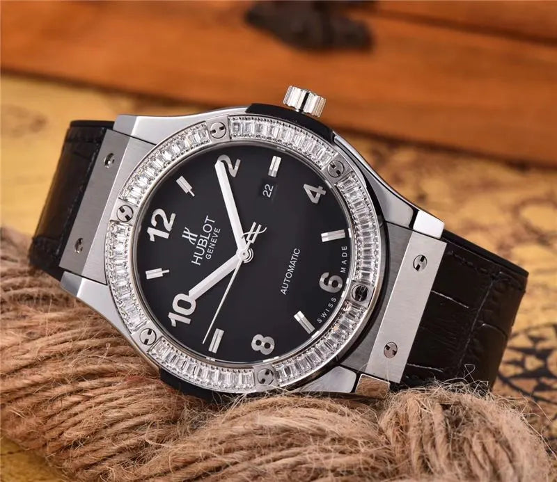 leather Hublot Black Dial Diamond Bezel