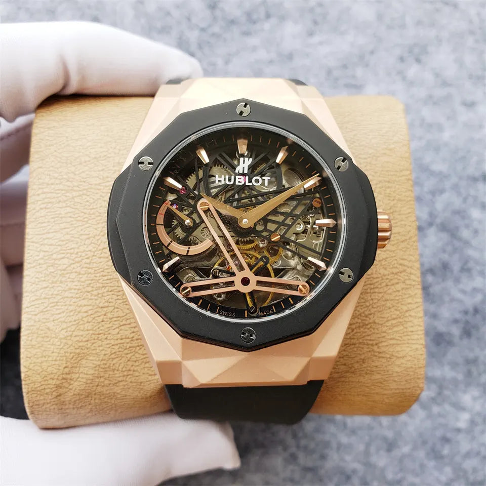 black Hublot Rose Gold Skeleton