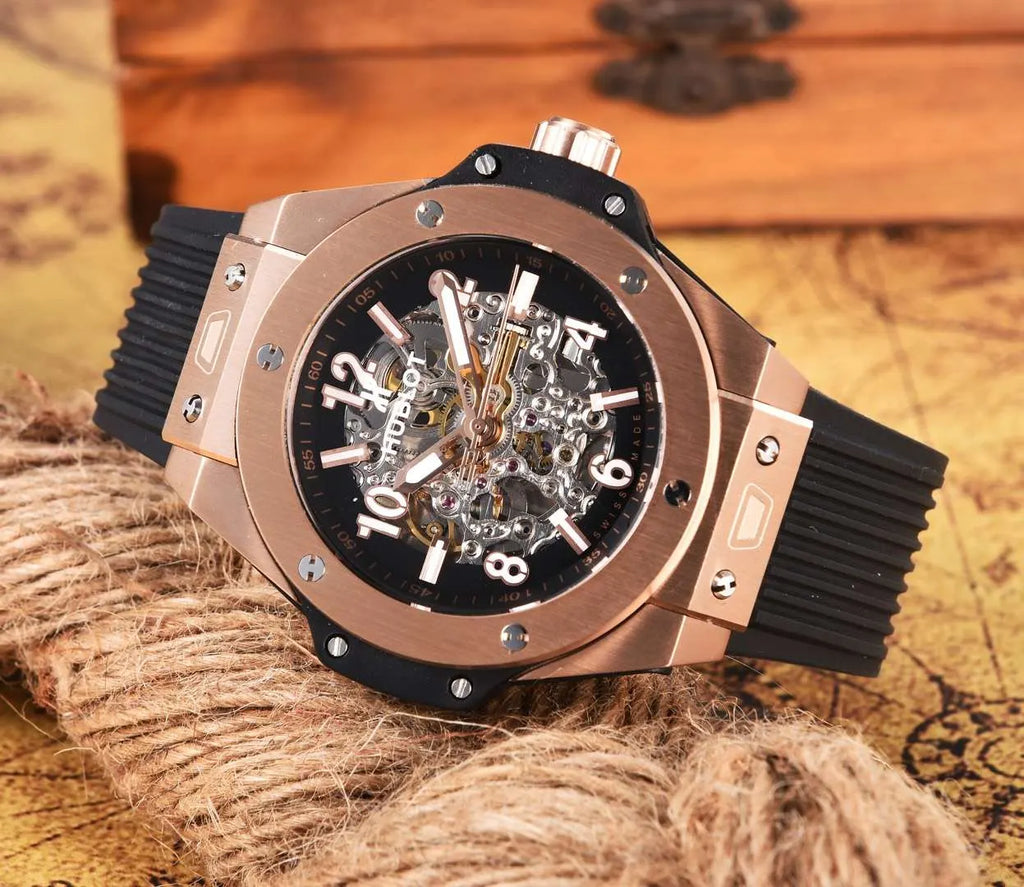 black Hublot Rose Gold Skeleton - Hình 3