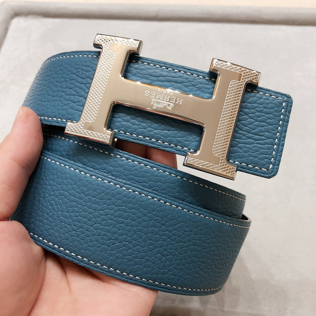 HERMES H D'ANCRE BELT BUCKLE & REVERSIBLE BLUE GREEN LEATHER STRAP 38 MM SILVER HARDWARE