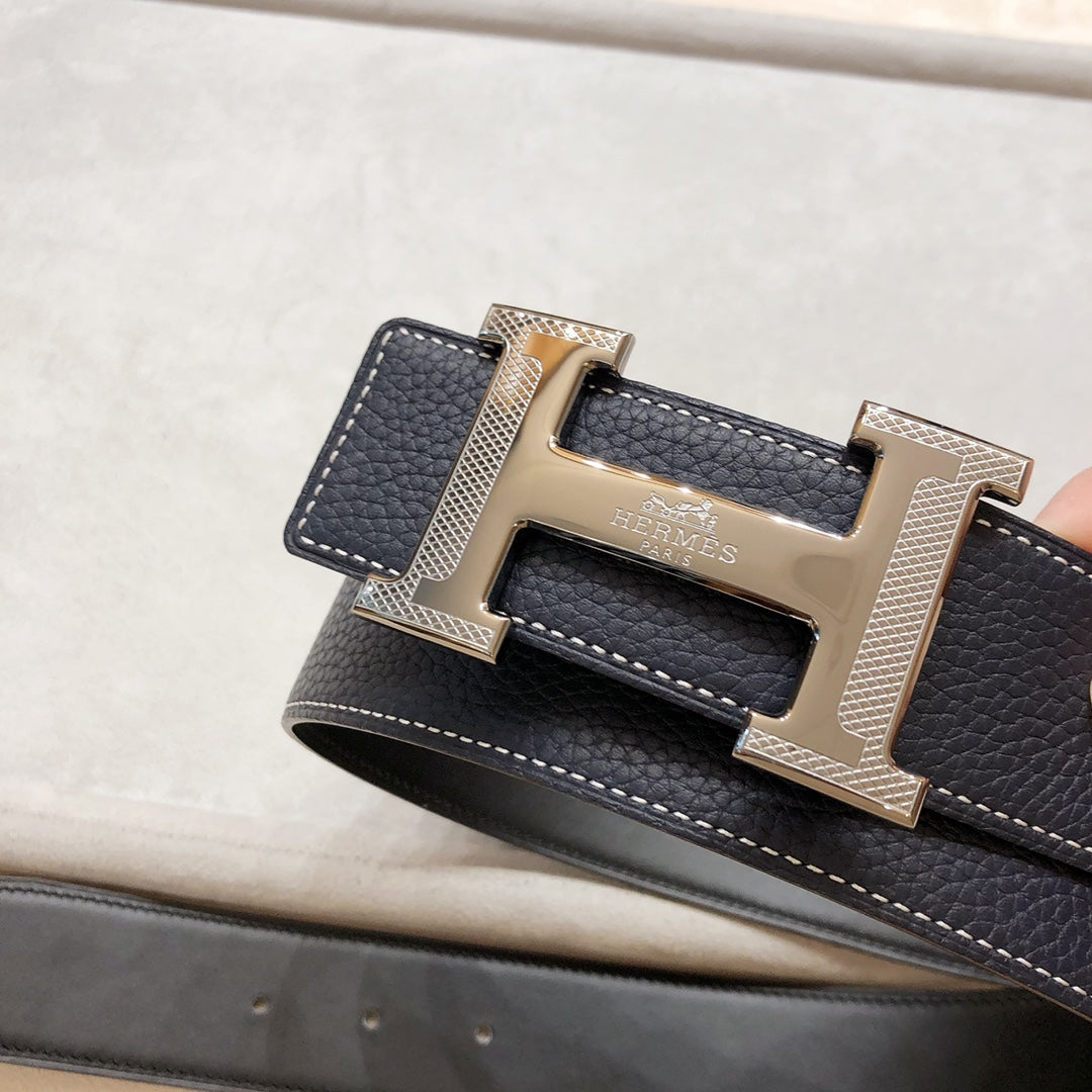 HERMES H D'ANCRE BELT BUCKLE & REVERSIBLE BLACK LEATHER STRAP 38 MM GREY SILVER HARDWARE
