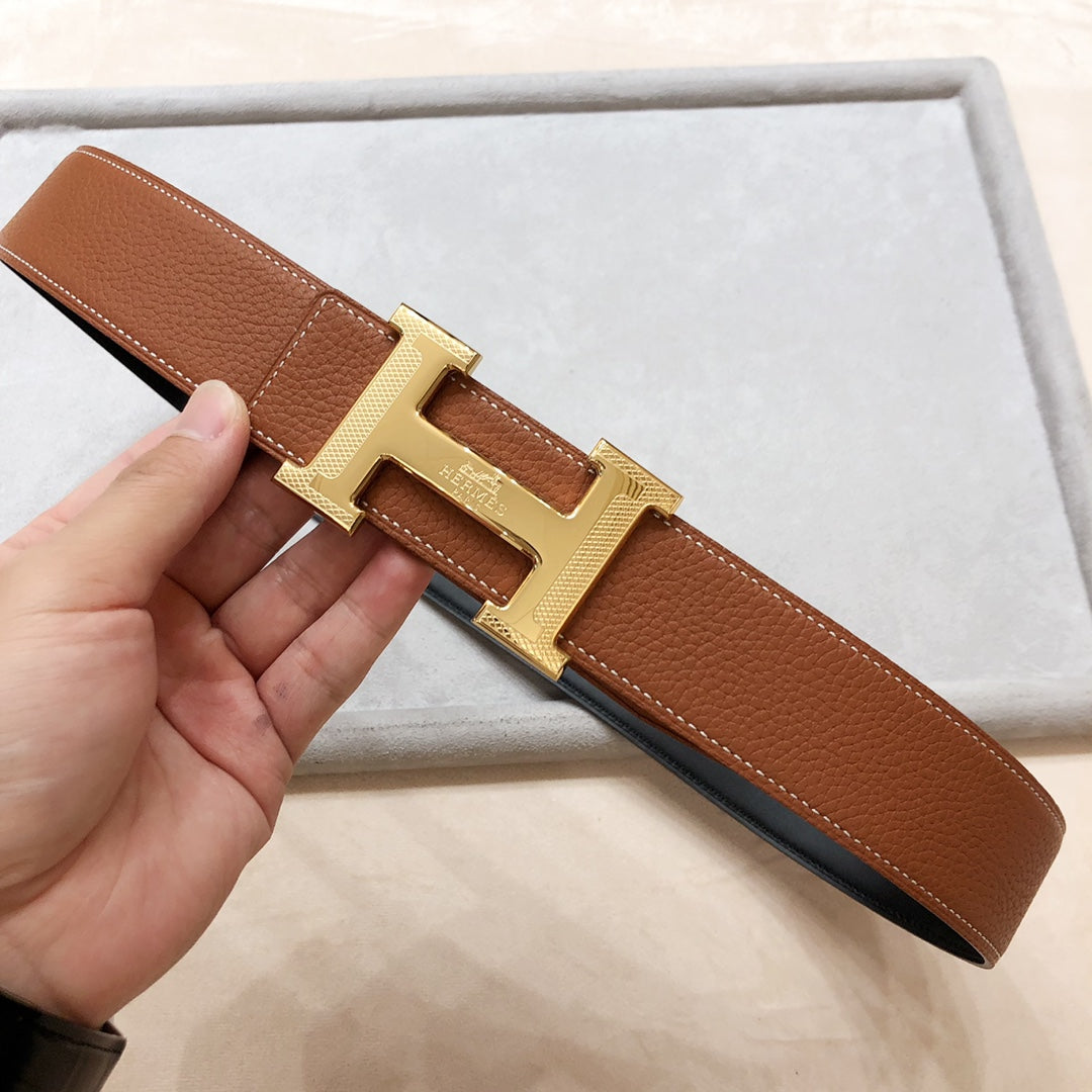 HERMES H D'ANCRE BELT BUCKLE & REVERSIBLE BRONZE BROWN LEATHER STRAP 38 MM GOLD HARDWARE
