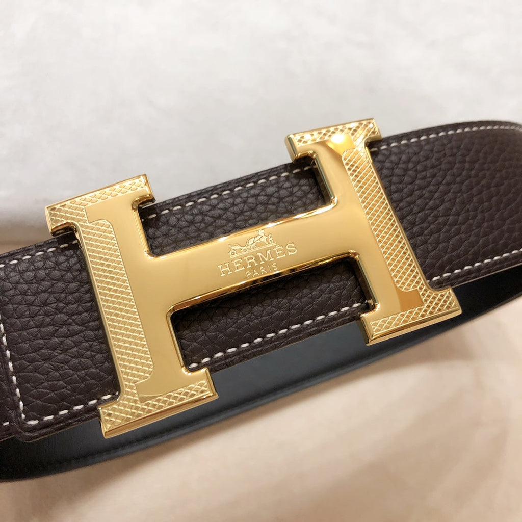 HERMES H D'ANCRE BELT BUCKLE & REVERSIBLE BLACK AND CHOCOLATE BROWN LEATHER STRAP 38 MM GOLD HARDWARE