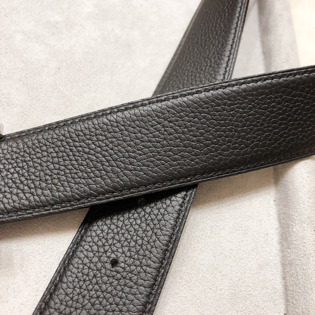 HERMES H D'ANCRE BELT BUCKLE & REVERSIBLE BLACK LEATHER STRAP 38 MM SILVER HARDWARE