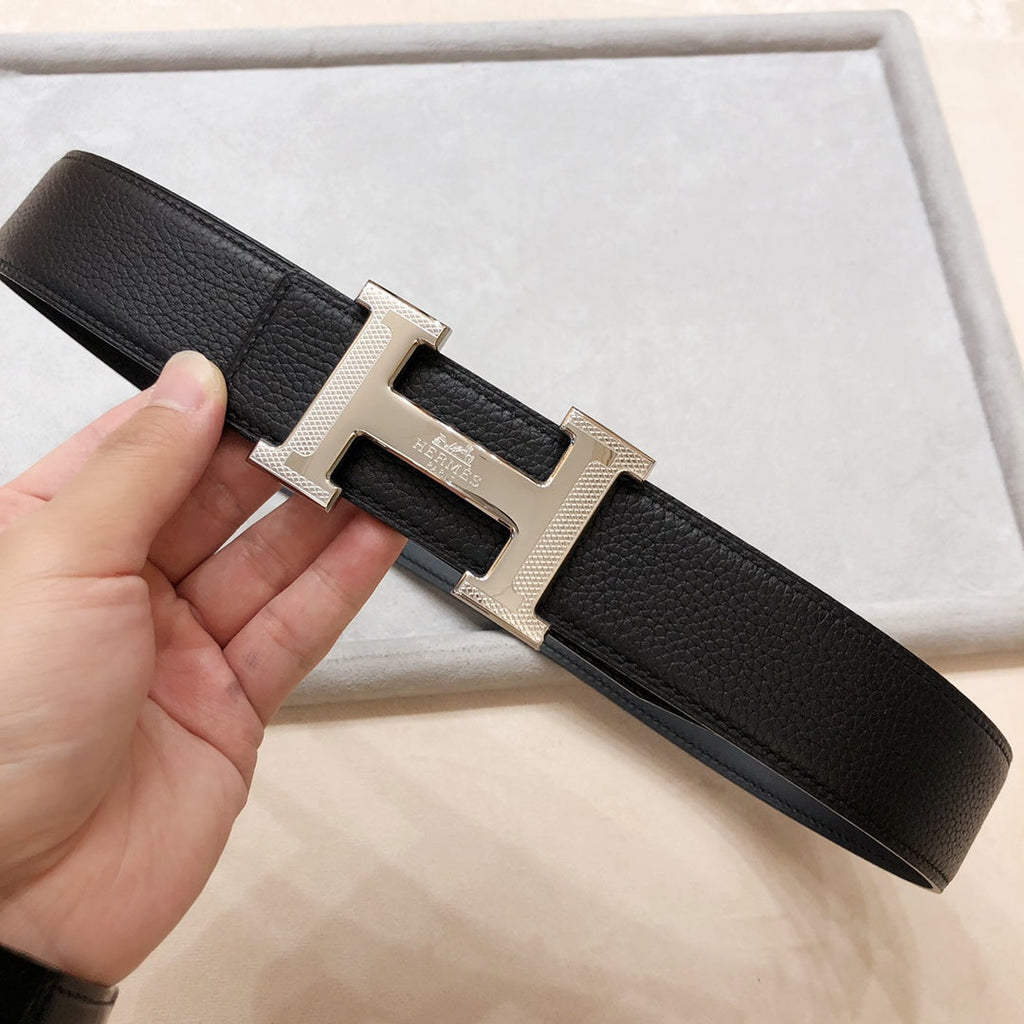 HERMES H D'ANCRE BELT BUCKLE & REVERSIBLE BLACK LEATHER STRAP 38 MM SILVER HARDWARE