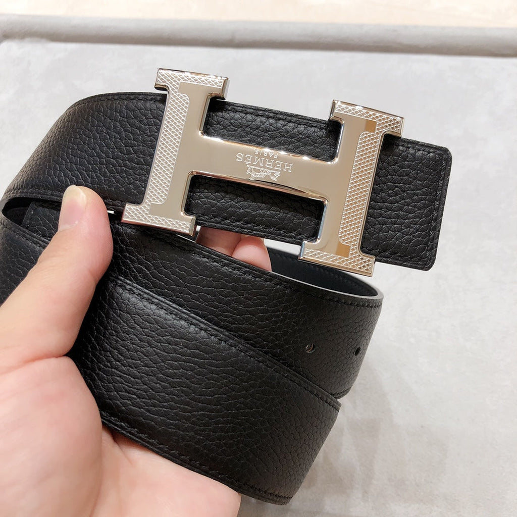 HERMES H D'ANCRE BELT BUCKLE & REVERSIBLE BLACK LEATHER STRAP 38 MM SILVER HARDWARE