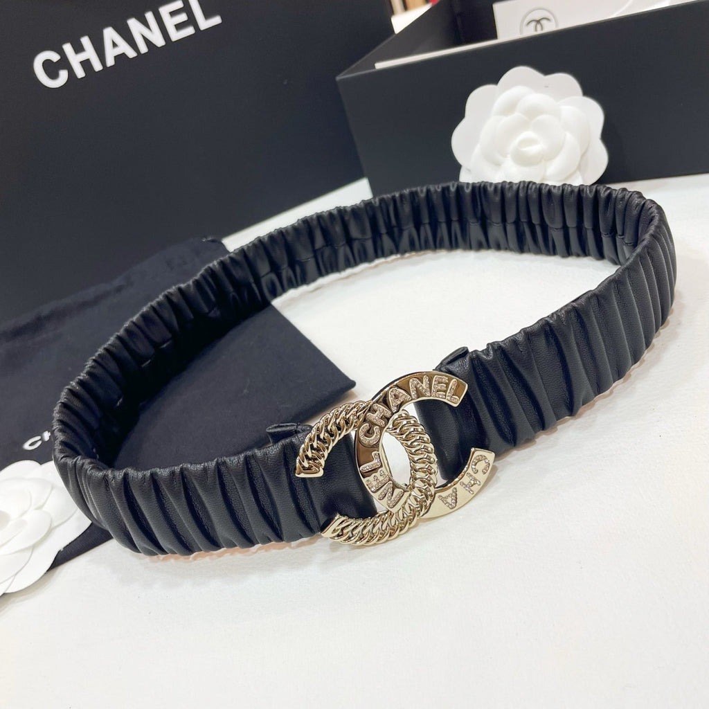 CHANEL DOUBLE 30MM STRETCH BELT IN BLACK CALFSKIN WITH GOLD CHAIN BUCKLE CRYSTAL DETAIL