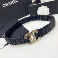 CHANEL DOUBLE 30MM STRETCH BELT IN BLACK CALFSKIN WITH GOLD CHAIN BUCKLE CRYSTAL DETAIL