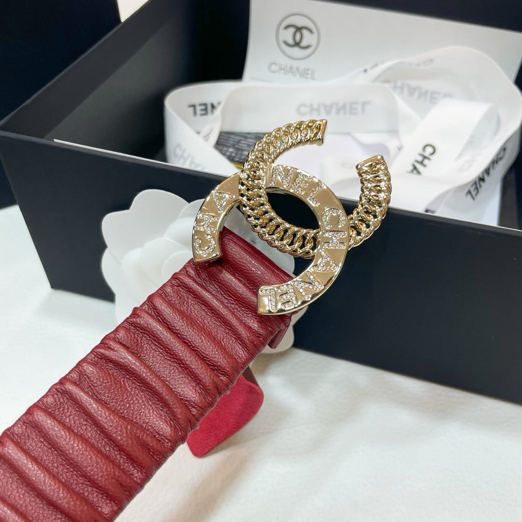 CHANEL DOUBLE 30MM STRETCH BELT IN RED CALFSKIN GOLD CHAIN BUCKLE CRYSTAL LOGO