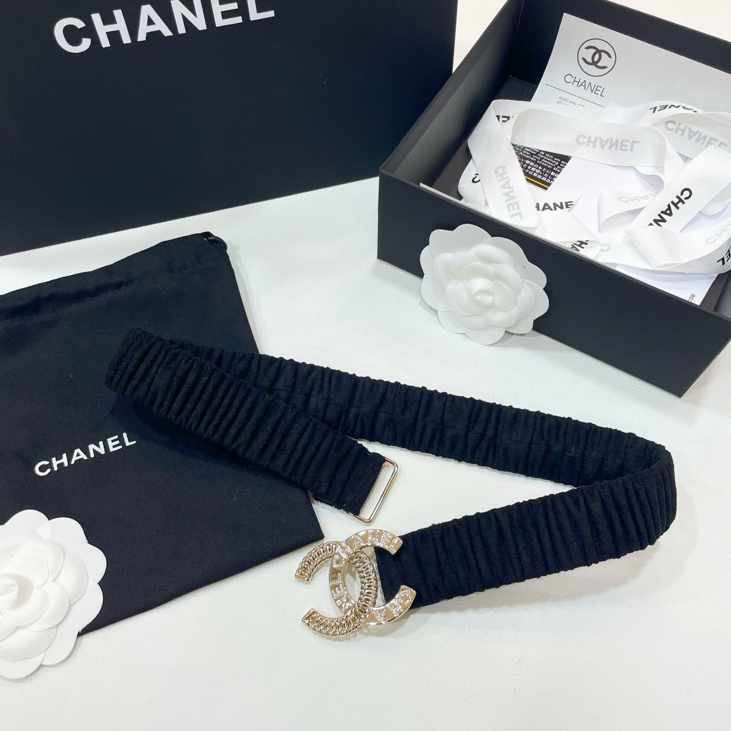 CHANEL DOUBLE 30MM STRETCH BELT IN BLACK SUEDUE WITH GOLD CHAIN BUCKLE CRYSTAL DETAIL