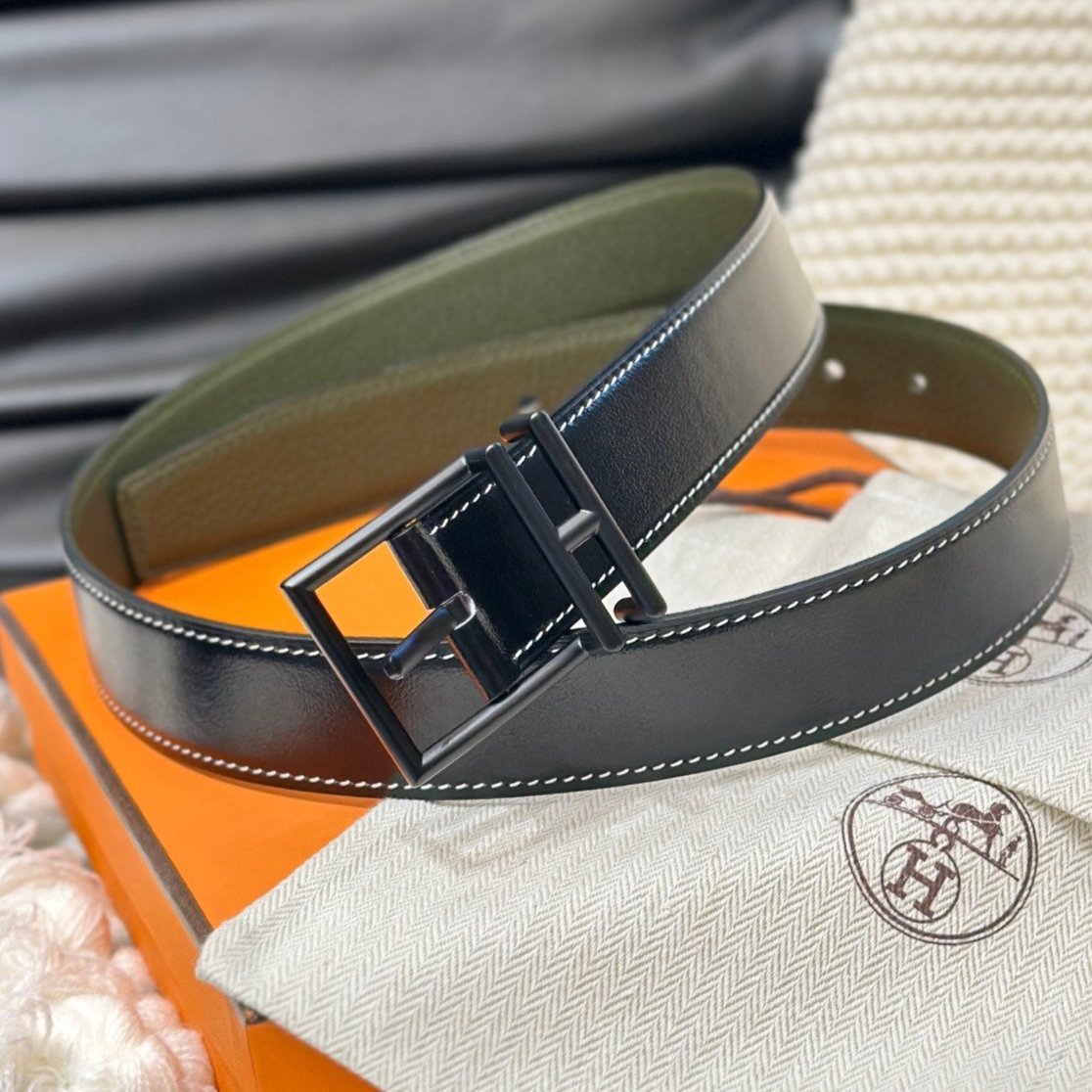 HERMES NATHAN REVERSIBLE BELT 32MM OLIVE GREEN AND BLACK LEATHER BLACK HARDWARE