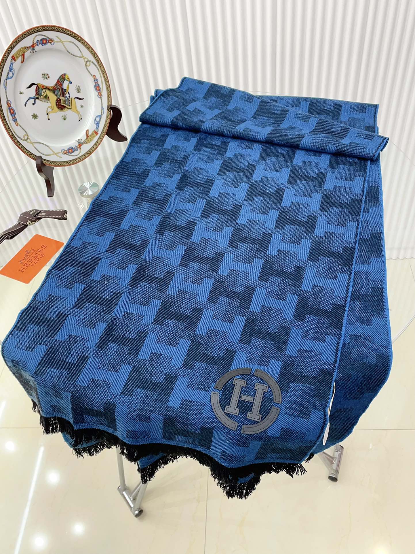 HERMES SCARF 200 CM IN COBALT BLUE MONOGRAM CASERE