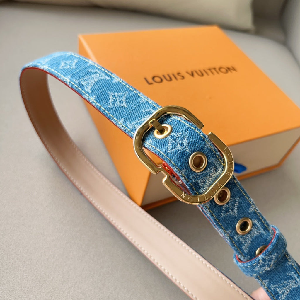 LOUIS VUITTON LV 30MM BELT LIGHT BLUE MONOGRAM DENIM GOLD HARDWARE